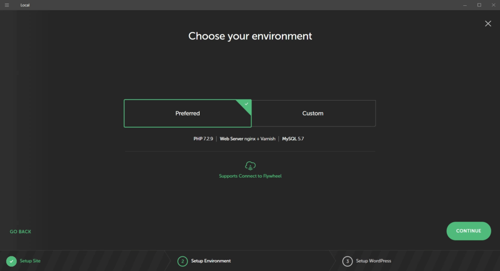 Select Preferred Environment in Local by Flywheel 